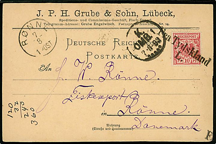 10 pfg. Adler på brevkort fra Lübeck annulleret med skibsstempel Fra Tydskland L. og sidestemplet i København d. 7.8.1893 til Rønne på Bornholm.
