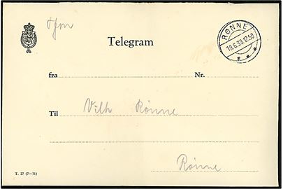 Ufrankeret Telegram kuvert - T.27 (7-31) - stemplet Rønne d. 10.6.1939 til Rønne. Fold og uden indhold.