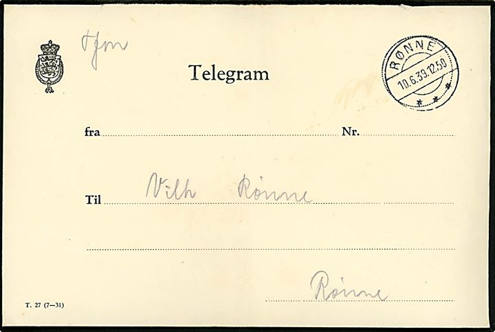 Ufrankeret Telegram kuvert - T.27 (7-31) - stemplet Rønne d. 10.6.1939 til Rønne. Fold og uden indhold.