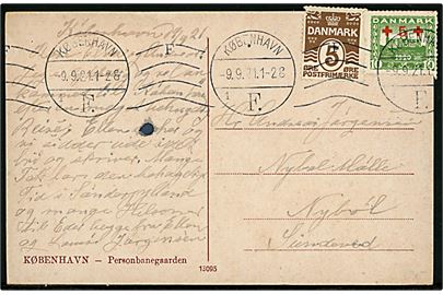 5 øre Bølgelinie og 5+10 øre Røde Kors Provisorium på brevkort (Københavns Hovedbanegård) fra København d. 9.9.1921 til Nybøl.