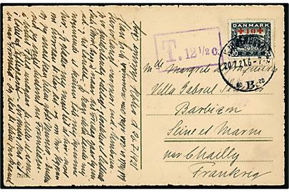 20+10 øre Røde Kors Provisorium single på underfrankeret brevkort fra Kjøbenhavn d. 20.7.1921 til Frankrig. Violet portostempel T. 12½ c.. 