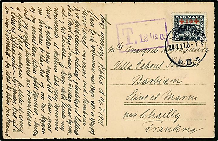 20+10 øre Røde Kors Provisorium single på underfrankeret brevkort fra Kjøbenhavn d. 20.7.1921 til Frankrig. Violet portostempel T. 12½ c.. 