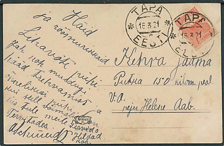 1 mk. Tallinn Skyline utakket på brevkort stemplet Tapa d. 16.3.1921.