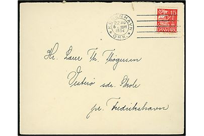 15 øre Karavel på brev annulleret med forsøgs-maskinstempel København *OMK.* d. 5.9.1934 til Vesterø Sdr. Skole på Læsø pr. Frederikshavn.
