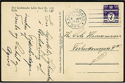 7 øre Bølgelinie single på lokalt brevkort annulleret med forsøgs-maskinstempel København *OMK.* d. 6.9.1934.
