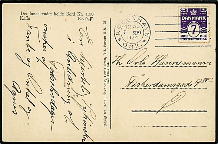 7 øre Bølgelinie single på lokalt brevkort annulleret med forsøgs-maskinstempel København *OMK.* d. 6.9.1934.