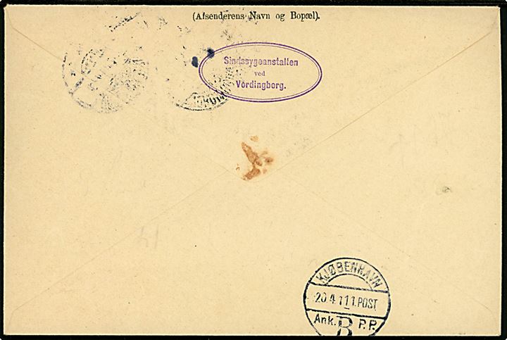 10 øre Fr. VIII i parstykke på adressebrev for pakke fra Vordingborg d. 19.4.1911 til København. På bagsiden stemplet Sindssygeanstalten ved Vordingborg.