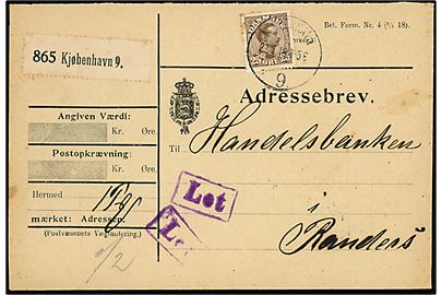 25 øre Chr. X single på adressebrev for pakke fra Kjøbenhavn 9. d. 22.7.1918 til Randers. Violet rammestempel Let.
