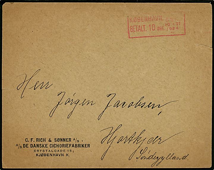 10 øre posthusfranko frankeret tryksag fra København d. 10.2.1924 til Hjortkjær, Sønderjylland.