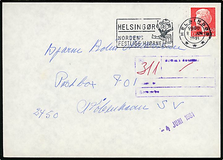 160 øre Margrethe på brev fra Helsingør d. 2.6.1981 til indsat i Vestre Fængsel (Postbox 701, København SV) med violet fængselscensur.