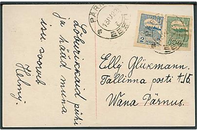 50 pen. og 2 mk. Tallinn Skyline utaket på brevkort fra Pärnu d. 13.4.1922 til Tallinn.