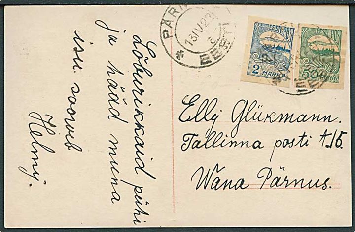 50 pen. og 2 mk. Tallinn Skyline utaket på brevkort fra Pärnu d. 13.4.1922 til Tallinn.