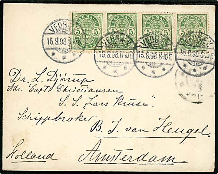 5 øre Våben i vandret 4-stribe på brev fra Vedbæk d. 15.8.1898 tilk Dr. L. Djørup ombord på S/S Lars Kruse via mægler i Amsterdam, Holland.