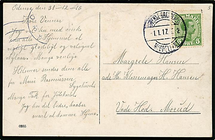 5 øre Chr. X på nytårskort fra Odense annulleret med bureaustempel Odense - Brænderup - Middelfart T.2 d. 1.1.1917 til Væde Hede pr. Morud.