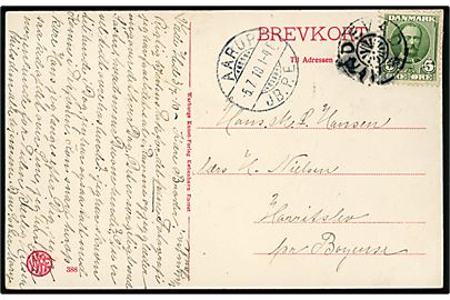 5 øre Fr. VIII på brevkort annulleret med stjernestempel HINDEVAD og sidestemplet Aarup JB.P.E. d. 5.7.1910 til Harritslev pr. Bogense. 