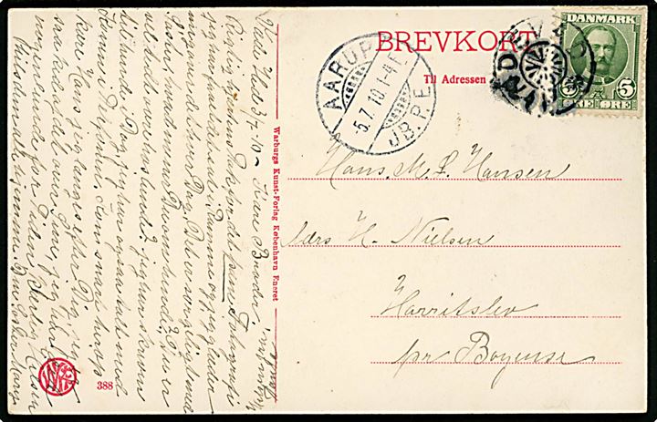5 øre Fr. VIII på brevkort annulleret med stjernestempel HINDEVAD og sidestemplet Aarup JB.P.E. d. 5.7.1910 til Harritslev pr. Bogense. 
