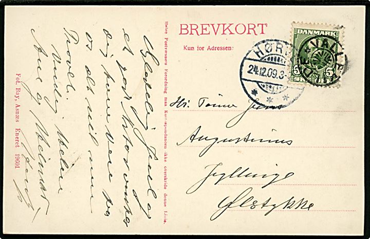 5 øre Fr. VIII på brevkort (Lammefjorden anno 1950. Fotograf Bay, Asnæs) annulleret med stjernestempel VALLEKILDE og sidestemplet Hørve d. 24.12.1909 til Ølstykke.