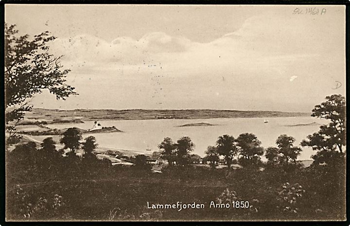 5 øre Fr. VIII på brevkort (Lammefjorden anno 1950. Fotograf Bay, Asnæs) annulleret med stjernestempel VALLEKILDE og sidestemplet Hørve d. 24.12.1909 til Ølstykke.