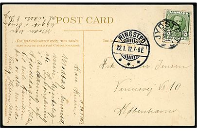 5 øre Fr. VIII på brevkort annulleret med stjernestempel JYDSTRUP og sidestemplet Ringsted d. 22.1.1912 til København.