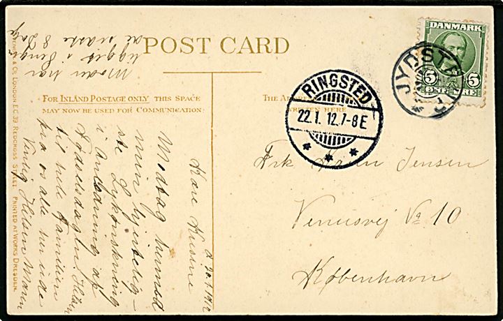 5 øre Fr. VIII på brevkort annulleret med stjernestempel JYDSTRUP og sidestemplet Ringsted d. 22.1.1912 til København.