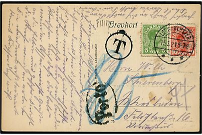 5 øre og 10 øre Chr. X på underfrankeret brevkort annulleret med brotype IIb Løgumkloster sn2 d. 15.2.1921 til Tyskland. Flere porto stempler og påtegninger.
