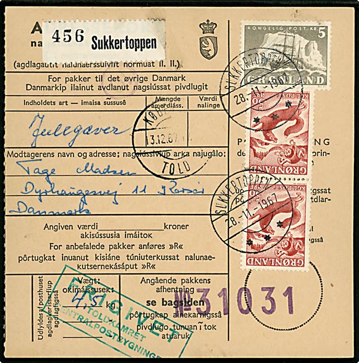 50 øre Drengen og Ræven i parstykke og 5 kr. Ishavsskib på adressekort for pakke fra Sukkertoppen d. 28.11.1967 til Korsør, Danmark.