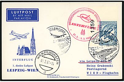 60 øre Havets moder single på Interflug 1. flyvnings brevkort fra Sdr. Strømfjord d. 27.2.1960 via Leipzig til Wien, Østrig.
