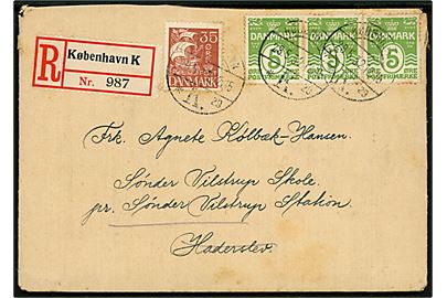5 øre Bølgelinie (3-stribe) og 35 øre Karavel på anbefalet brev fra København d. 28.5.1932 til Sønder Vilstrup.