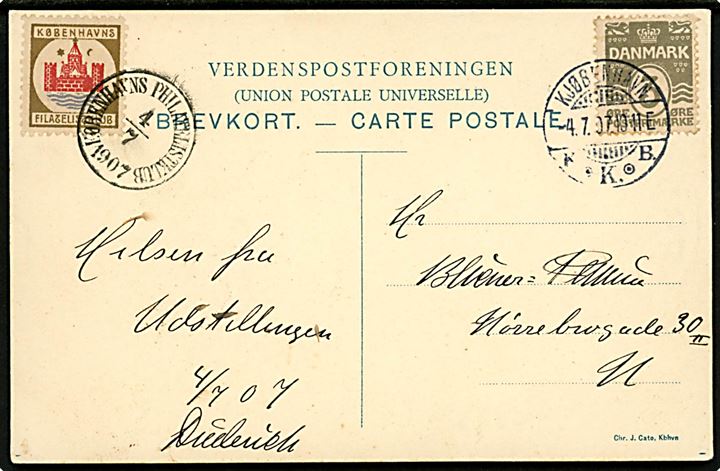 3 øre Bølgelinie og Københavns Filatelistklub mærkat på udstillingsbrevkort sendt lokalt i København d. 4.7.1907.