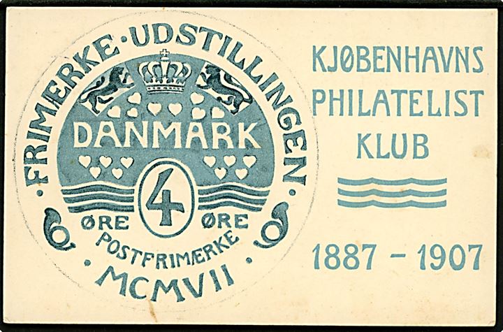 3 øre Bølgelinie og Københavns Filatelistklub mærkat på udstillingsbrevkort sendt lokalt i København d. 4.7.1907.
