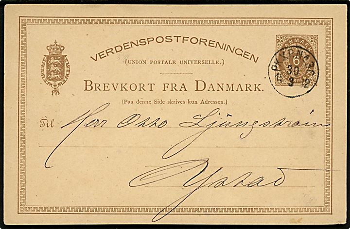 6 øre helsagsbrevkort fra København annulleret med svensk bureaustempel PKXP No. 30 (= Malmö - Ystad) d. 30.3.1882 til Ystad, Sverige.