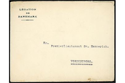 Ufrankeret fortrykt kuvert med langt indhold fra dansk diplomat ved den danske ambassade i Frankrig dateret d. 23.11.1917 til Premierlieutnant Sv. Hammerich. Vordingborg. Interessant indhold som bl.a. omtaler overværelse at nedskydning af Zeppelin over London. Uvist hvordan brevet er blevet befordret. 
