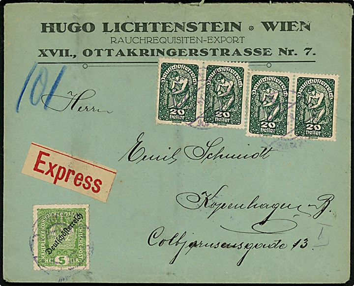 5 h. Provisorium og 20 h. Deutschösterreich udg. (4) på ekspresbrev fra Wien d. ?.10.1919 til København, Danmark.