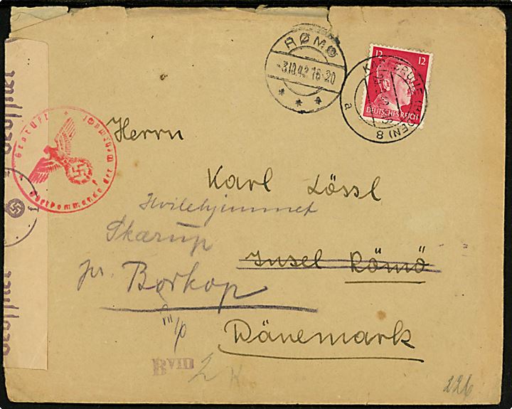 12 pfg. Hitler udg. på brev fra Karlsruhe d. 25.9.1942 til Rømø, Danmark - eftersendt til Skærup pr. Børkop med brotype IIc Rømø d. 3.10.1942. Åbnet af tysk censur i Hamburg. Urent åbnet.