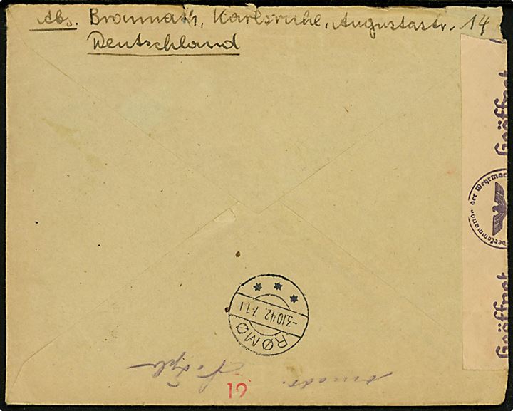 12 pfg. Hitler udg. på brev fra Karlsruhe d. 25.9.1942 til Rømø, Danmark - eftersendt til Skærup pr. Børkop med brotype IIc Rømø d. 3.10.1942. Åbnet af tysk censur i Hamburg. Urent åbnet.