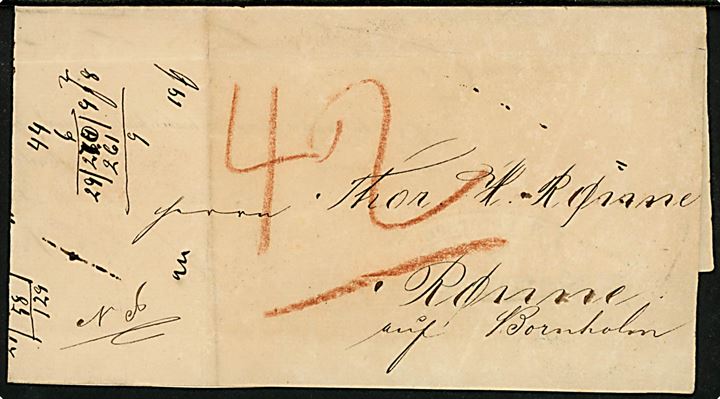 1855. Pakkefølgebrev for forsendelse med Dampskibet Skirner fra Lübeck d. 12.9.1855 til Rønne på Bornholm. Påskrevet 42 sk. porto.