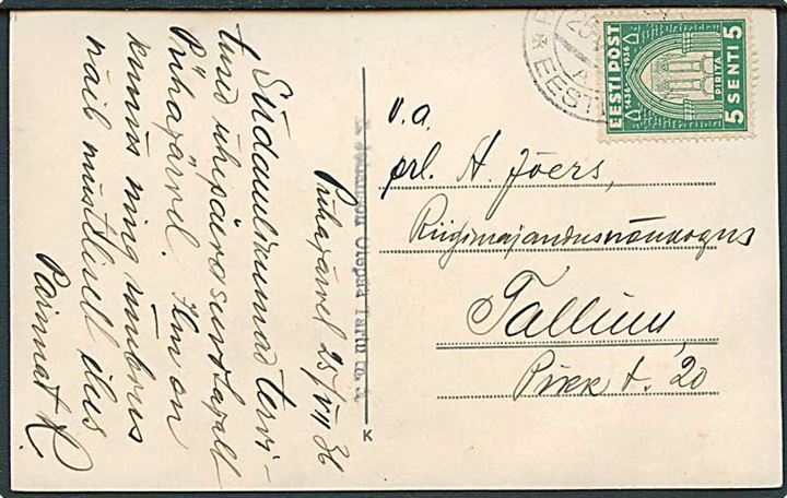 5 s. St. Birgitte kloster på brevkort dateret Puhajärvi annulleret med svagt stempel d. 25.7.1936 til Tallinn.