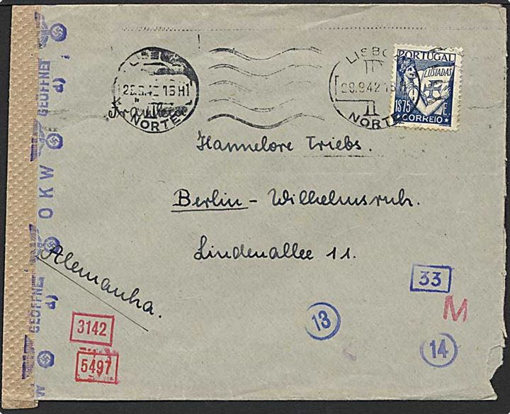 1,75 S. på brev fra Lisabon, Portugal, d. 29.9.1942 til Berlin, Tyskland. Tysk censur.