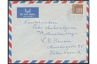 1 kr. Rigsvåben single på luftpostbrev fra Sønder Felding d. 30.11.1964 til sømand ombord på M/T Amalienborg via rederi i København.