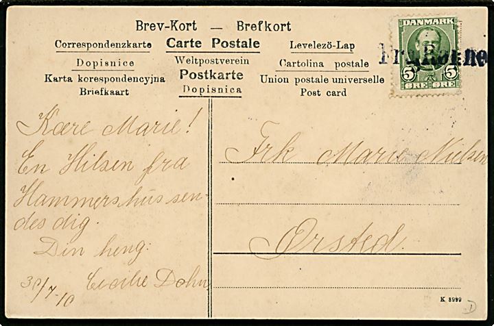 Bornholm, det tyske kronprinsepars besøg d. 25.7.1905. No. K8999. Dateret d. 30.7.1910 med 5 øre Fr. VIII annulleret med skibsstempel Fra Rønne.