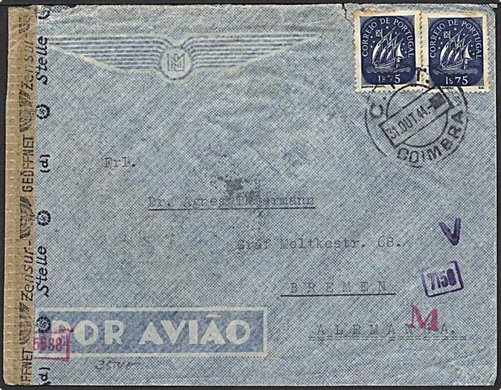 3.50 S. på luftpostbrev fra Coimbra, Portugal, d. 31.10.1944 til Bremen, Tyskland. Tysk censur.