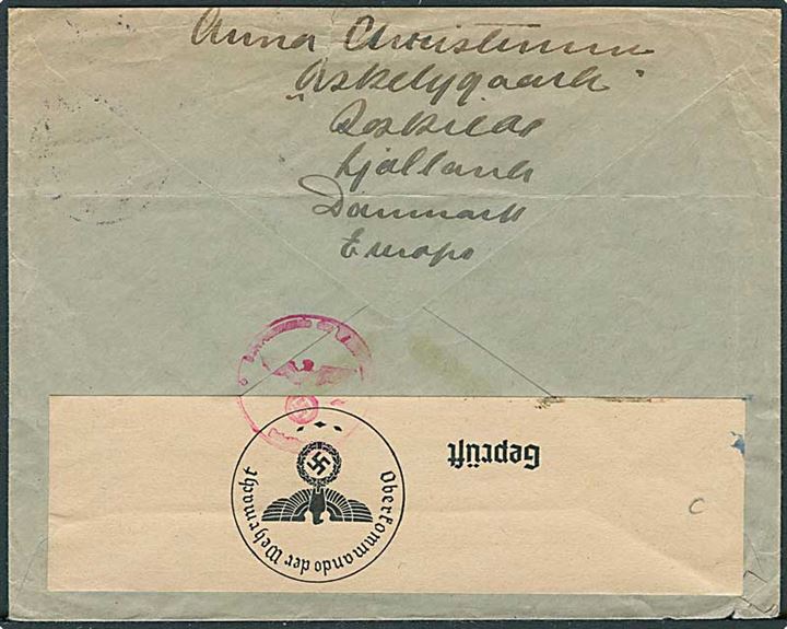 20/15 øre Provisorium (2) på brev fra Roskilde d. 30.10.1940 til Cleveland, USA. Åbnet af tysk censur.