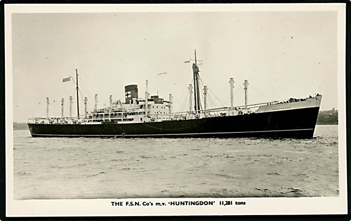 Huntingdon, M/S, Federal Steam Navigation Co. Ltd., London. Uden adresselinier og har været opklæbet.