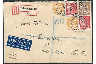 10 øre Bølgelinie (2), 15 øre (2) og 25 øre Karavel på anbefalet luftpostbrev fra København d. 15.2.1935 til London, England.