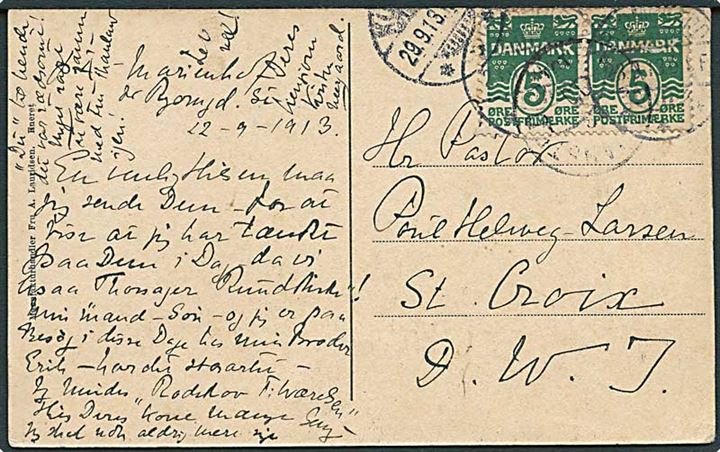 5 øre Bølgelinie i parstykke på brevkort (Thorsager Præstegård) fra Ryomgaard d. 23.9.1913 via Korsør til Christiansted, Dansk Vestindien.