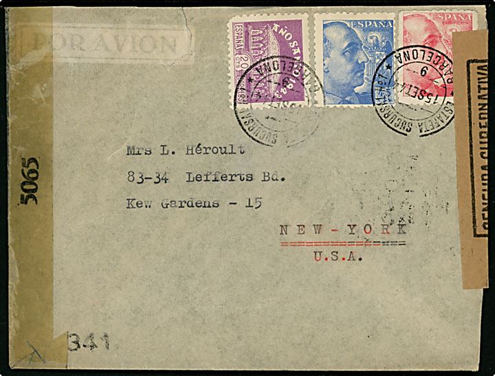 45 cts. og 4 pts- Franco, samt 20 cts. Ano Santo 1943 på luftpostbrev fra Barcelona d. 15.9.1944 til New York, USA. Åbnet af både spansk censur i Barcelona og amerikansk censur no. 5065.