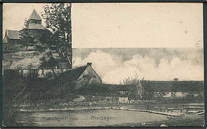 5 øre Bølgelinie i parstykke på brevkort (Thorsager Præstegård) fra Ryomgaard d. 23.9.1913 via Korsør til Christiansted, Dansk Vestindien.