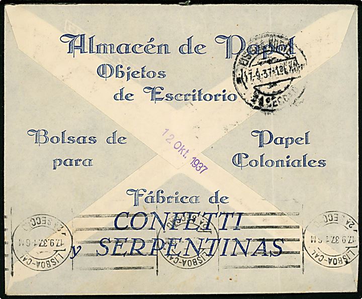 30 cts. Isabel og 15 cts. Ano Jubilar, samt 5 cts. Pro Sevilla, på brev fra Sevilla d. 14.9.1937 til Lissabon, Portugal. Spansk censur fra Sevilla.