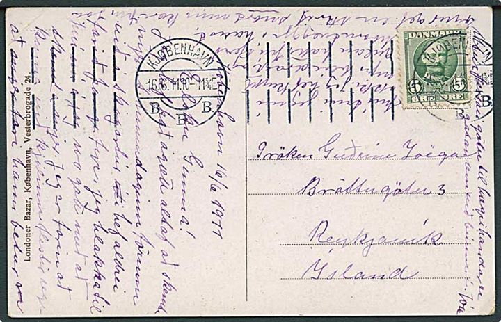 5 øre Fr. VIII på brevkort (Parti fra Vesterbrogade med sporvogne) fra Kjøbenhavn d. 16.6.1911 til Reykjavik, Island.