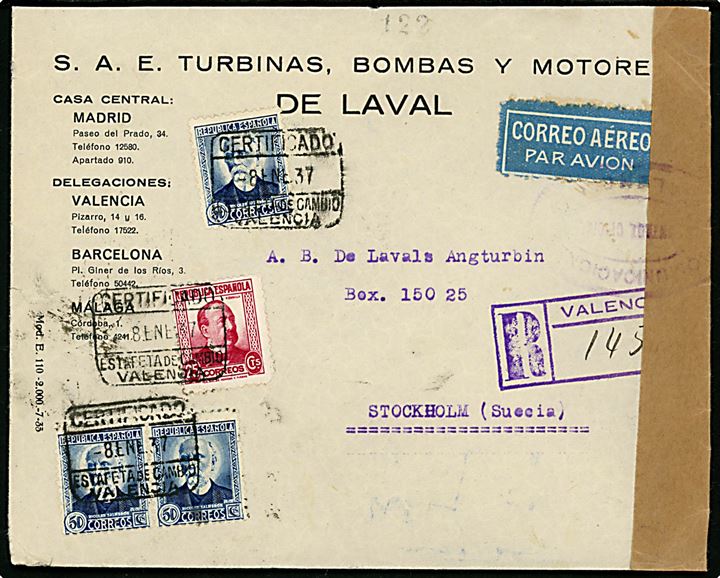 25 cts. og 50 cts. (3) på anbefalet luftpostbrev fra Valencia d. 8.1.1937 via Barcelona til Stockholm, Sverige. Åbnet af spansk censur i Valencia. 